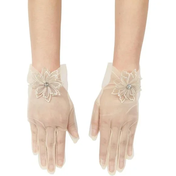 Women's Evening Champagne Mesh Lace Short Gloves Wedding Bridal Tea Party Prom - Picture 5 of 7